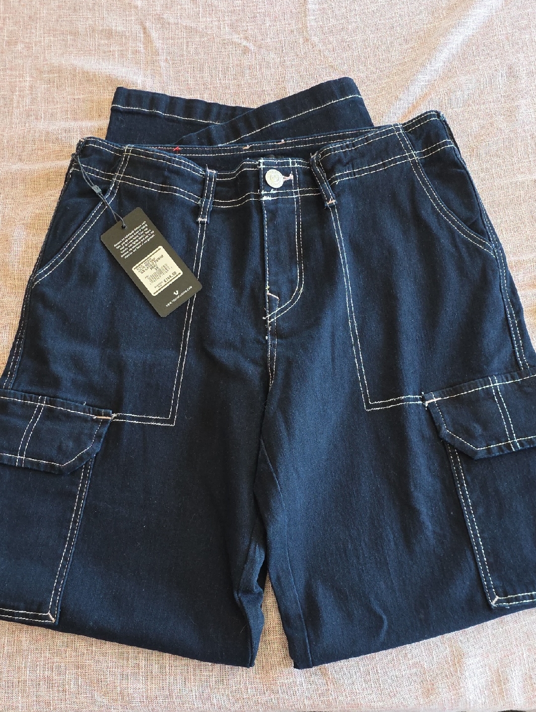 True Religion Dark Indigo Cargo Denim Shorts With White Stitching